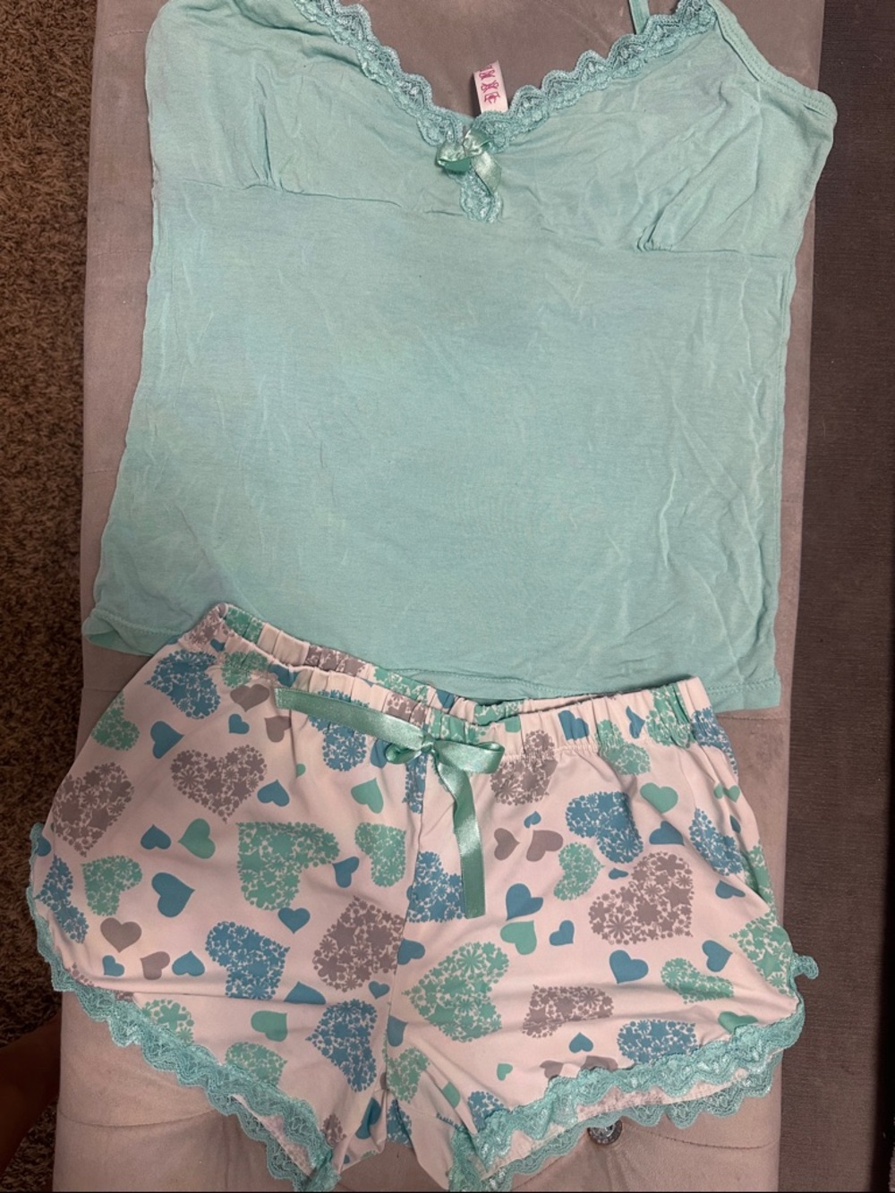 Light Aqua Lace Trim Cami & Heart Print Shorts Pajama Set